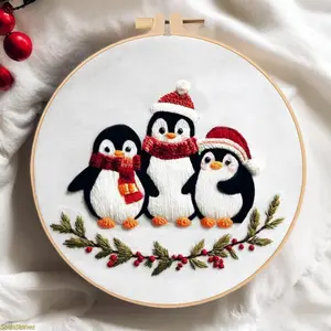 Christmas Penguin Embroidery Kit with English Stitch Instructions DIY Needlework Craft Set for Holiday Home Decor Handmade Art Project