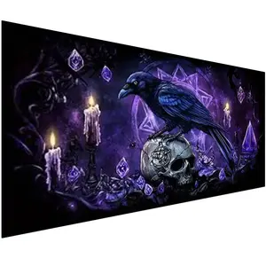 Large Size Skull Diamond Art Kits For Adults, Crow Diamond Painting Kits, Full Round Diamond Mosiac Kits For Adults, Diy Handicrafts, Gothic Purple Art And Crafts For Halloween Decor, 32x16 Inch