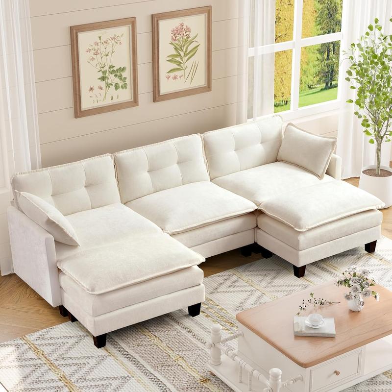 Amsleekey Modern Fabric Sectional Sofa - 111.5" U-Shaped Corduroy 3-Piece 3-Seater Set, Extra Spacious Deep Seat, 2 Movable Ottomans, Modular Layout, Cloud-Soft Foam, Adjustable Height, Assembly Required for Living Room, Bedroom, Home Office Napping