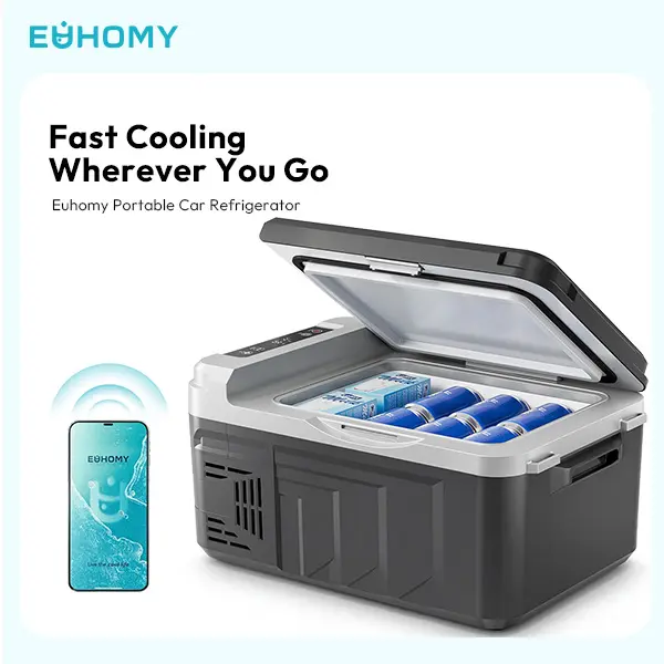 Euhomy 12V 11Qt Compact Electric DC Beverage Cooler - Bluetooth Enabled, Energy Saver, Dual Handle Grip, Dual Mode Fast Cooling Mini Camping Fridge for RV Use