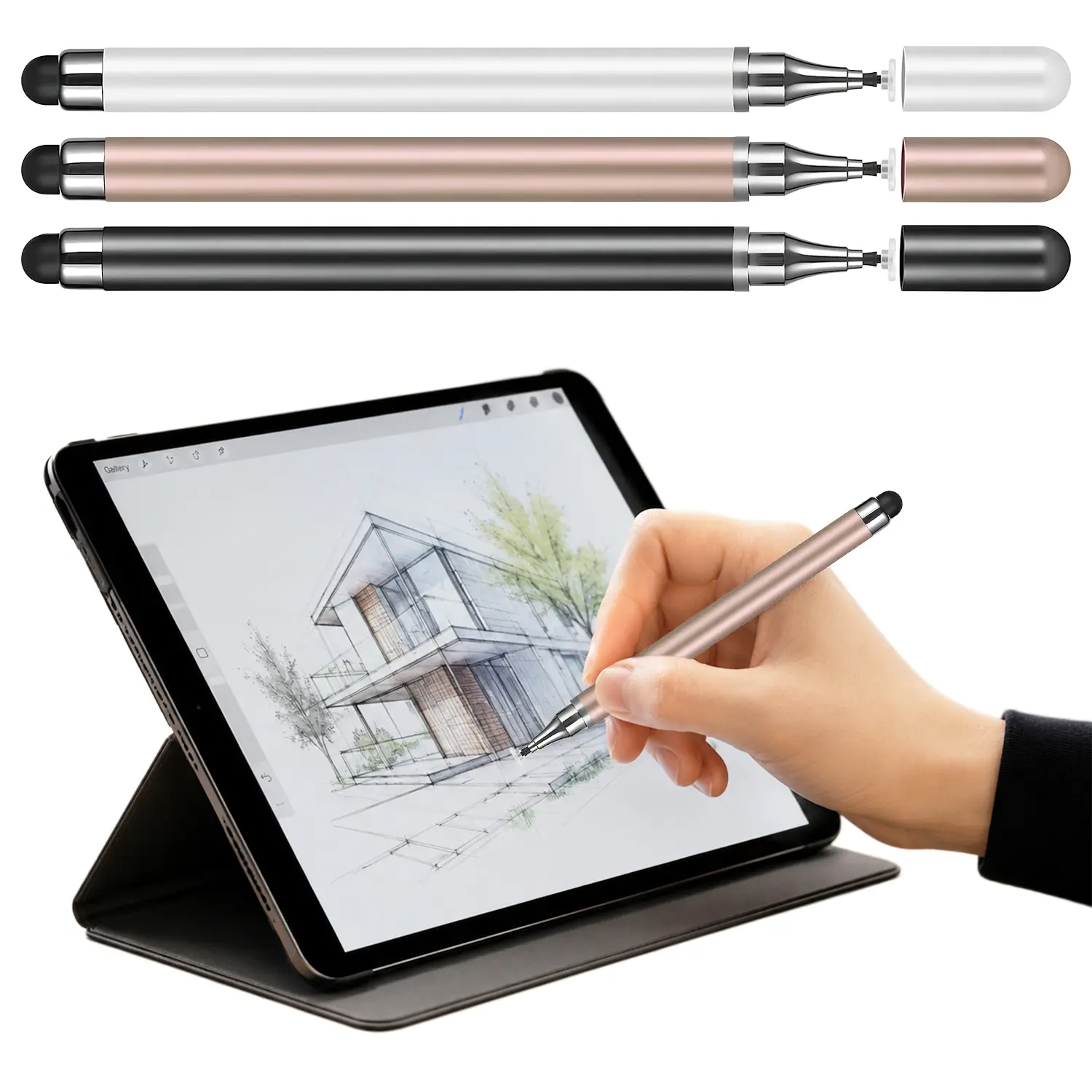 Stylus Pens for Touch Screens, 3 Pack Universal 2-in-1 Capacitive Stylus with Disc and Silicone Tips – Compatible with iPad, iPhone, Android, Tablets, Laptops – Black, White, Gold