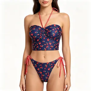 SEAMOLY Cherry Fruit Print Ruched Halter Tankini Bathing Suit Set - Halter Tops with Ruched Detail, Polyester Spandex, Water Resistant, Removable Cups, Cheeky Swimwear for Curvy Figures - 2025 Summer Sports Outdoor Swimwear