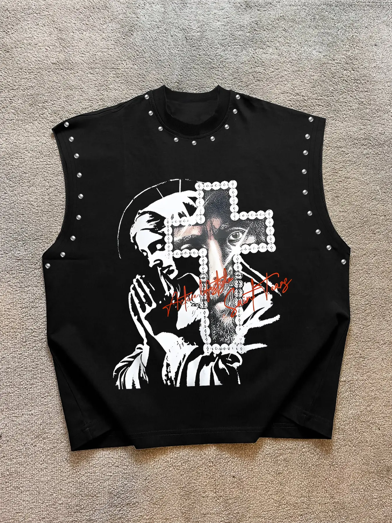 Men Women Summer Sleeveless Vest, Virgin Mary Cross Graphic Print, Rivet Design Wide Shoulder, Casual Streetwear, Trendy Comfortable Fitted Top, Long Tank Top, Sleeveless Tank Tops, Stylish Tank Tops, Modern Tank Top