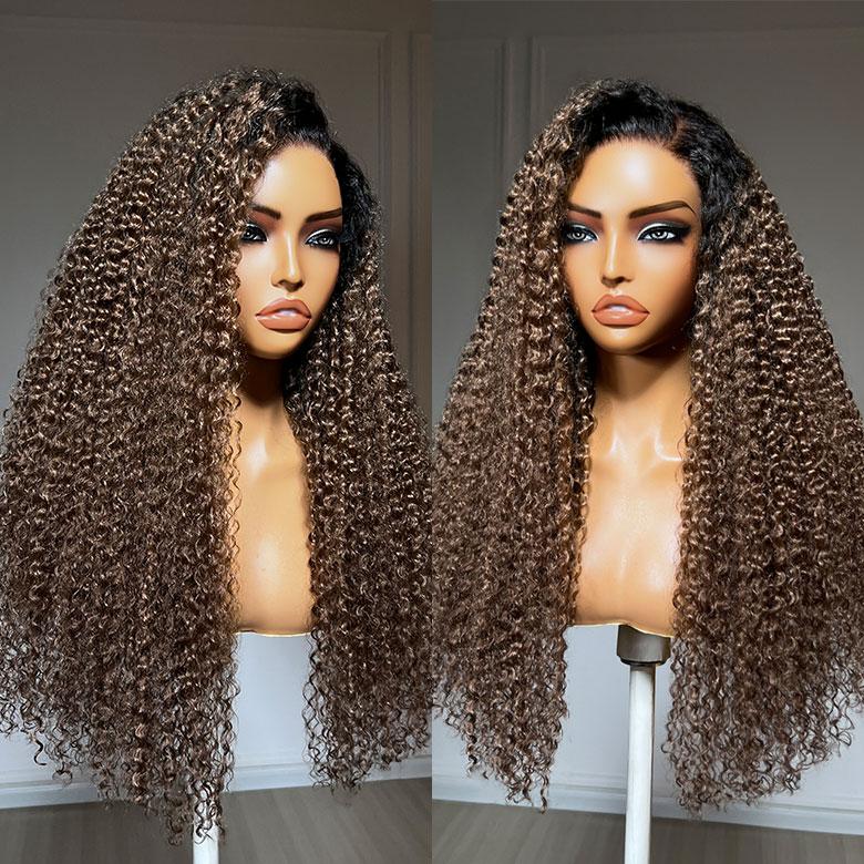 Unice 100% Human Hair Female Curly Wig, 7x5 HD Lace Closure Pre-Cut Lace, Ash Brown with Dark Roots, Natural Scalp Natural Looking Wigs, Beginners Friendly Ready to Wear