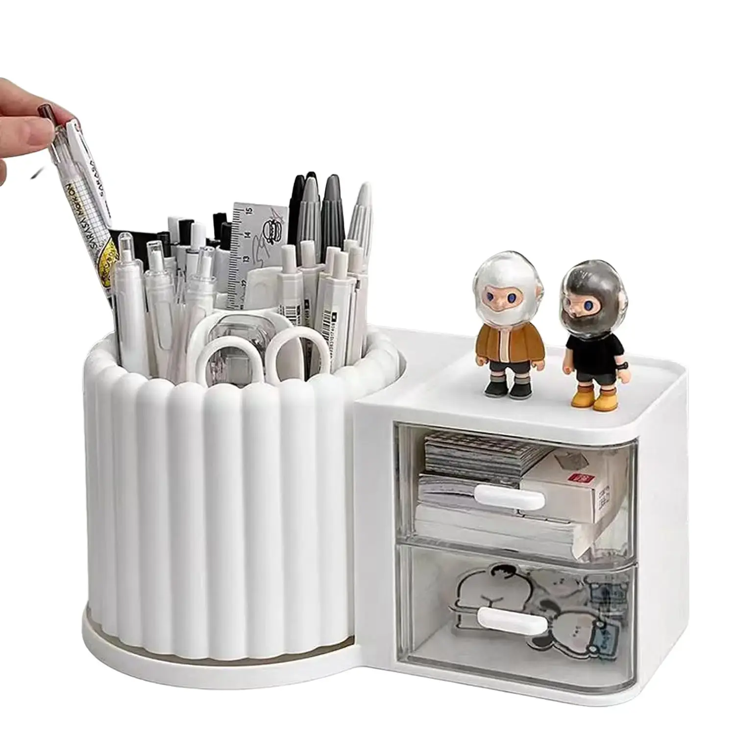 Rotating Desk Organizer with 2 Drawer, Pen Holder for Desk, Desk Organizers and Accessories with 6 Slots Pencil Organizer with 2 Drawer, Art Supplies, Pencil Cup for Office, School, Home
