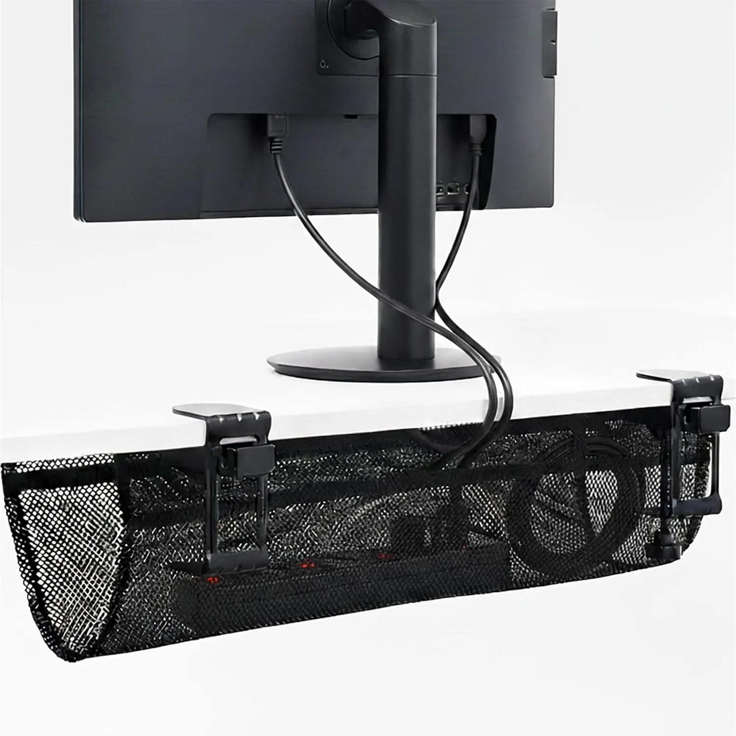 No Drill Clamp- 24 inch Mesh Net Under Desk  Management Wire Organizer, Adjustable  Office Standing Desk Cord Storage Sleeve, Black, DESK-AC24MH