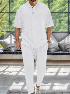 KZZ Men's Textured Drop Shoulder Collared Tee & Drawstring Waist Pants Two-piece Set Beige Casual Fashion Cozy Shortsleeve Polo Shirts & Pocket Trousers for Daily Outdoor Wear Spring & Fall Clothing christmas gifts for him