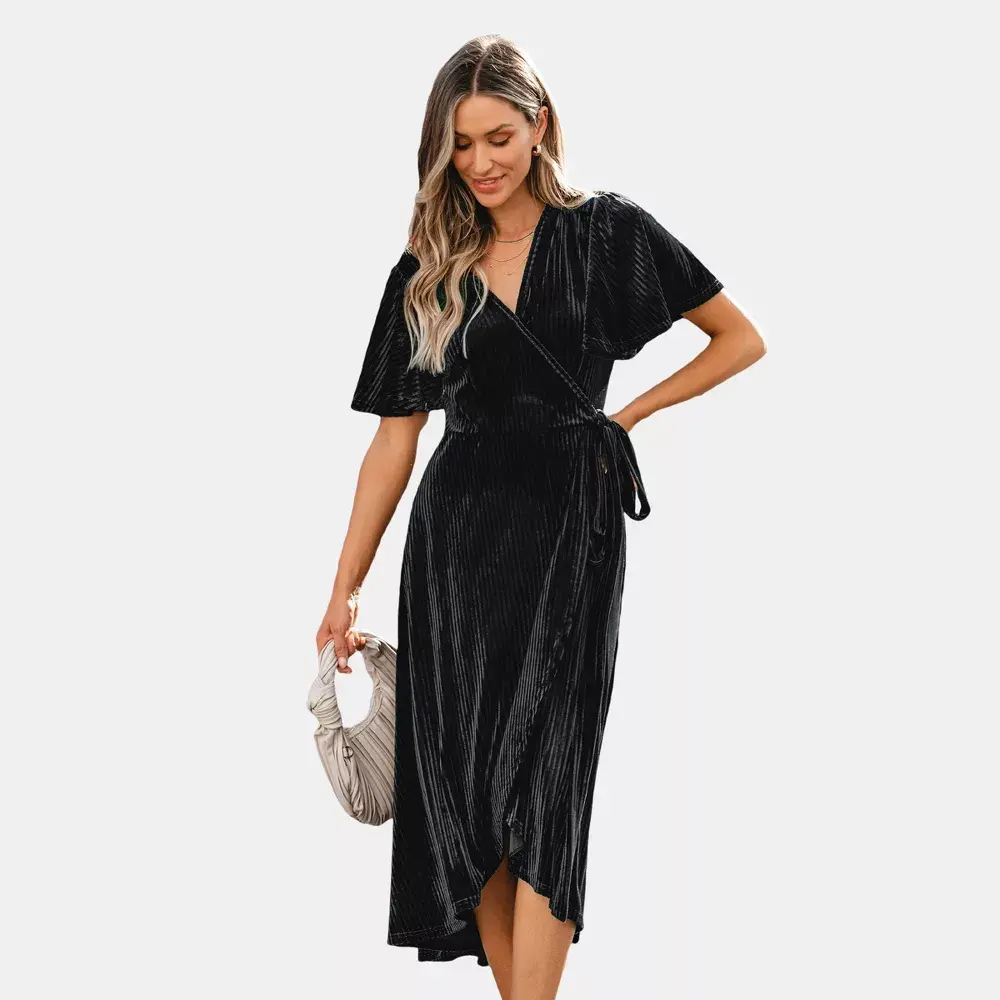 Cupshe Women's Festive Ribbed Velvet Belted Midi Fall Dress, Polyester, Spandex