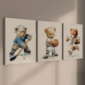 3 count wooden frame canvas, Cute retro Sports Bear poster, funny animal Decoration, Exquisite mural, Stylish bedroom Decoration, Modern home Decoration, Living room and corridor wall Decoration, HD, waterproof, art, Modern Art Design