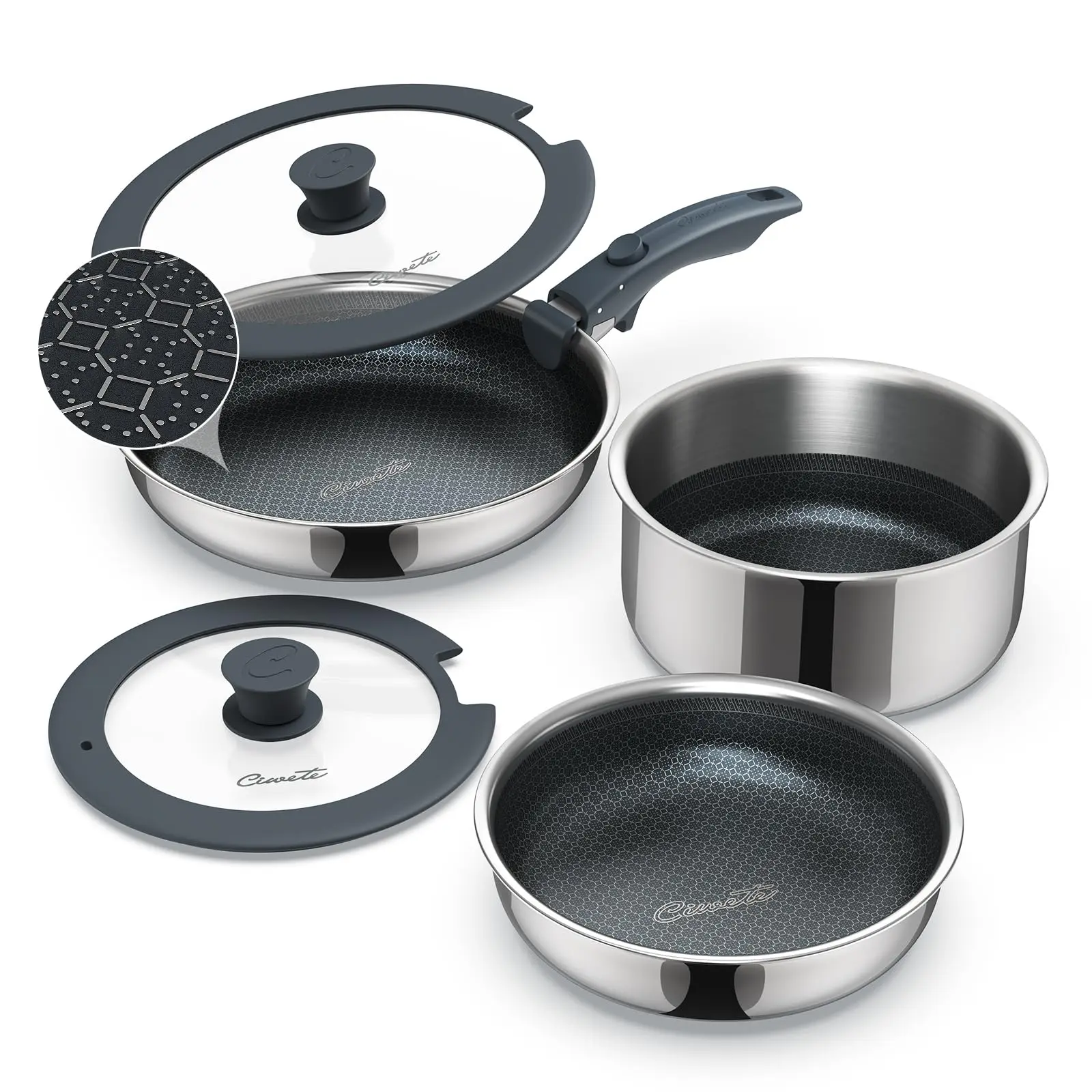 Ciwete 6-Piece Hybrid Stainless Steel Pots and Pans Set Non Stick, Tri-Ply Stainless Steel Cookware Set with Lids and Detachable Handle, PFOA Free Kitchen Skillet for All Cooktops, Dishwasher Safe