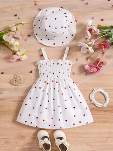 Sweet Heart Print Vest Dress for Infants 0-3 Years, Baby Girl Clothes, Summer Casual, Princess Style Outdoor Play Camping Clothes Set Toddler Outfit