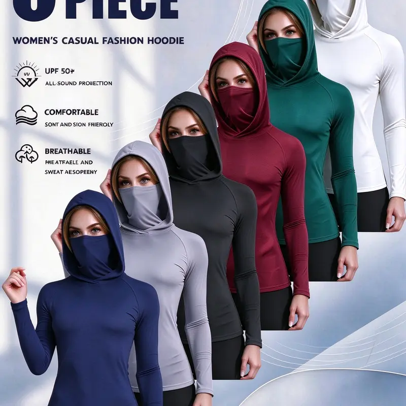 Women's 6/3-Pack UPF 50+ UV Protection Hooded Sun Shirts with Face Mask - Lightweight, Breathable Long Sleeve Activewear, Compression Shirt, All Seasons Lightweight Rash Guards, Workout Rash Guard, Polyester for Biking, Gym Exercise