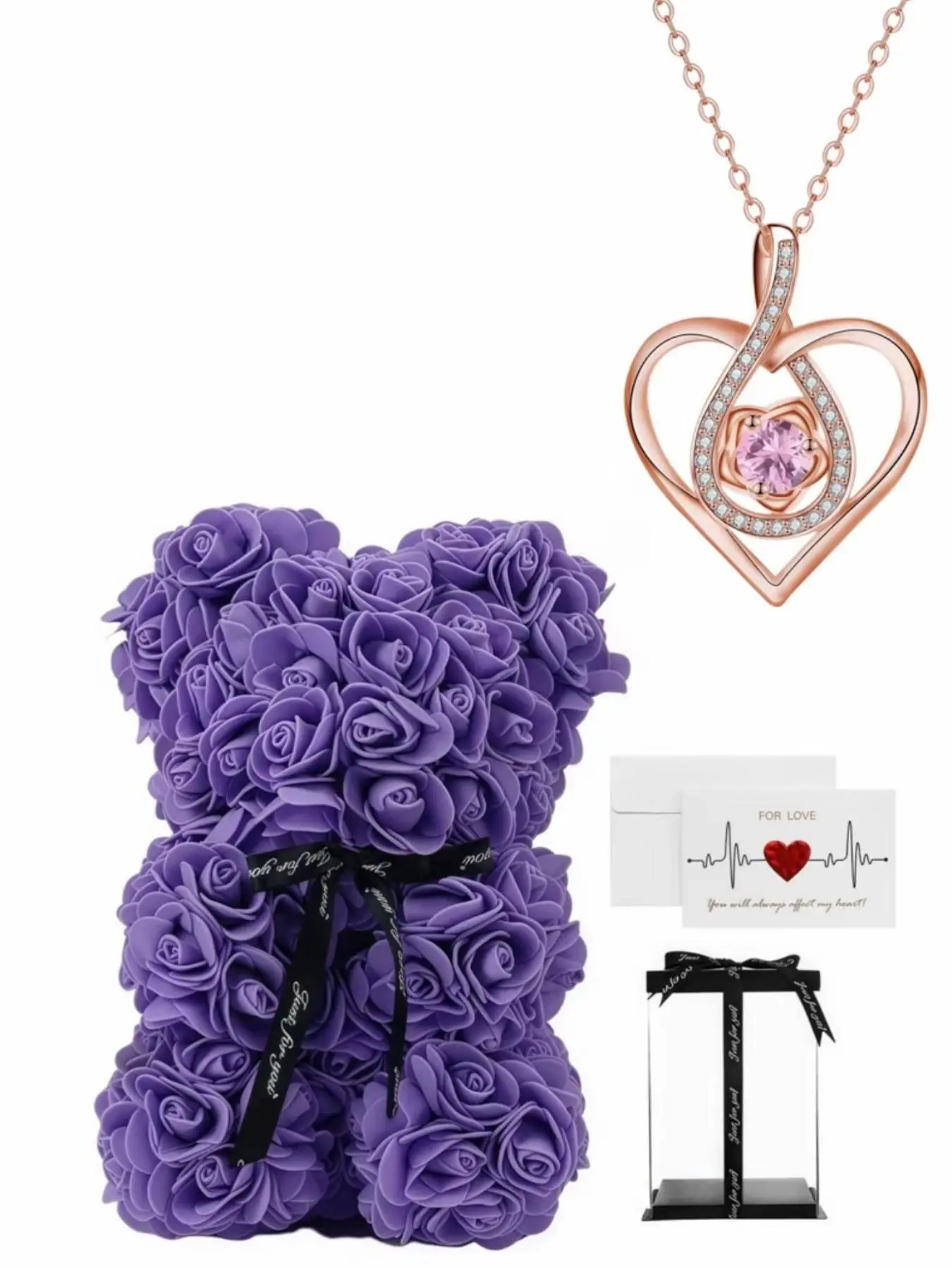Rose Bear Gift Box Set, Romantic Gift Box, Deluxe Gift Box, Includes Teddy Pendant Necklace, Realistic Rose Flowers, Greeting Card & Gift Bag, Perfect Birthday Jewelry Gift for Women Girls, Perfect Gift Bundle, Gift Idea