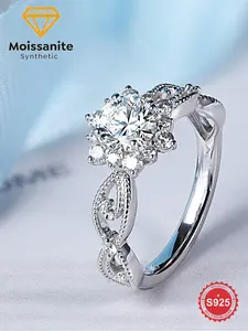 S925 Sterling Silver Eternal Snowflake Design Synthetic Moissanite Engagement Ring, Luxury Shining Ring for Women, Fine Jewelry for Party, Daily Decor