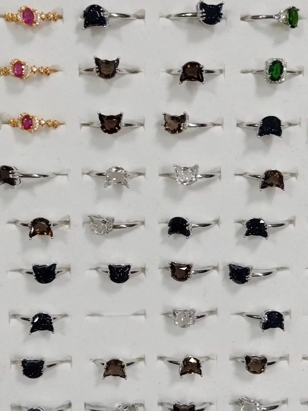 Ina(16399)gc.S925 sterling silver rings ，Lovely cat-shaped set with various colored natural gemstones, cute trendy style.