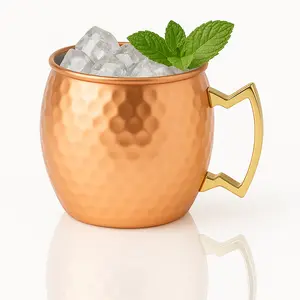 Modern Home Handmade 16oz Solid Copper Mule Mug – Nickel Lined Barrel Shaped Mug with Brass Handle & Hammered Texture (Single)
