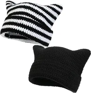 Crochet Cat Ear Beanie Hat for Women & Men - Vintage Grunge Slouchy Winter Warm Cap - Black Goth Knit Striped Acrylic Beanie - Perfect Gifts for Festivals, Holidays, Christmas