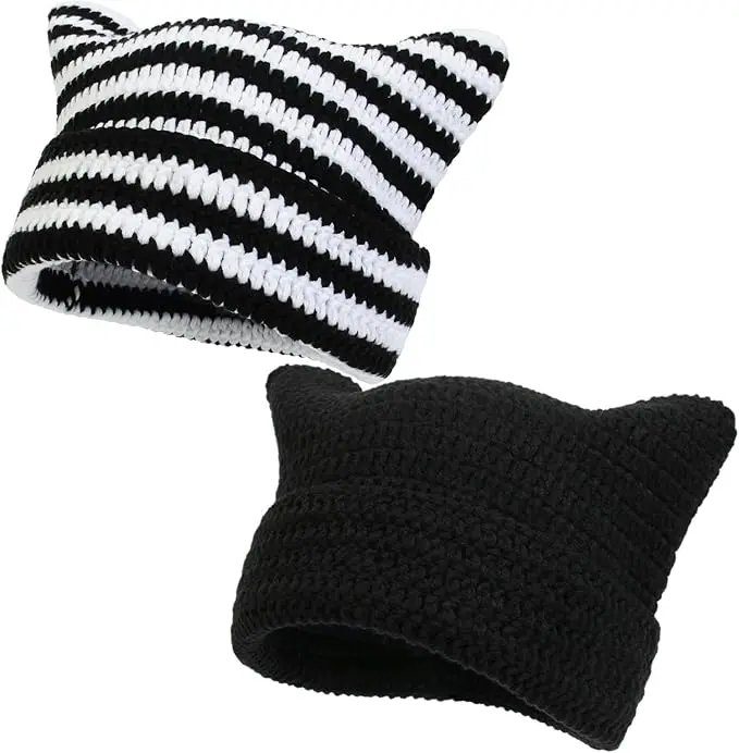Crochet Cat Ear Beanie Hat for Women & Men - Vintage Grunge Slouchy Winter Warm Cap - Black Goth Knit Striped Acrylic Beanie - Perfect Gifts for Festivals, Holidays, Christmas