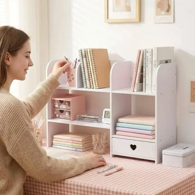 Layered Desktop Storage Rack with Drawers & Multi-Compartment, No-Tools-Needed Expandable Double-Tray Tabletop Organizer for Home/Office Stationery, Cosmetics, Books