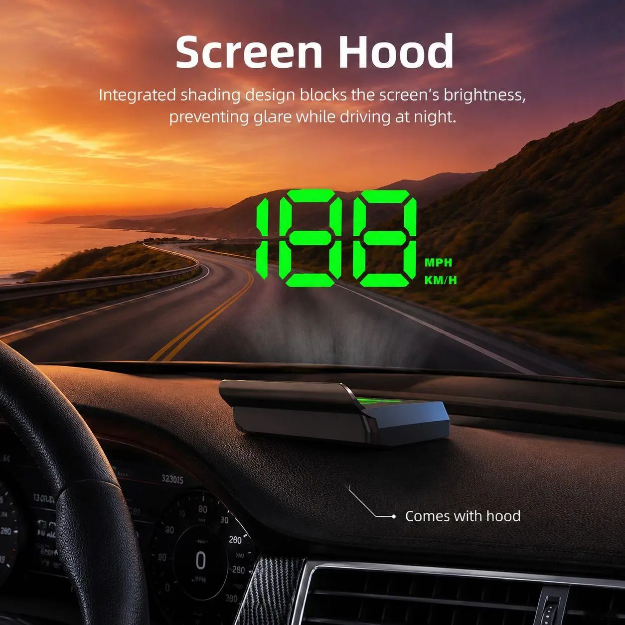 W2 Backlit GPS Speedometer HUD Display - 5V USB Adapter with USB Port, Adjustable Anti-Glare Car Head-Up Projection Digital KMH Gauge for Safe Drive, Automotive Electronic Accessory, Plug&Play, Auto Bright