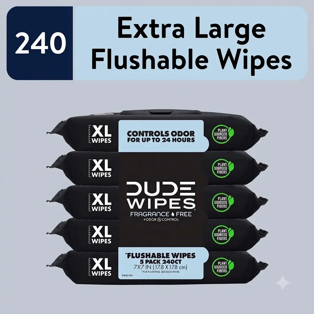 DUDE Wipes Fragrance Free Odor Control XL Flushable Wet Wipes 48 Count 5 Pack Unscented Body Cleansing Wipes Pack