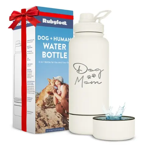 Dog + Human Water Bottle- 32 oz Stainless Steel Bottle with 8 oz Detachable Bowl & Leak-Proof Chug Lid Drinking Water Bowl