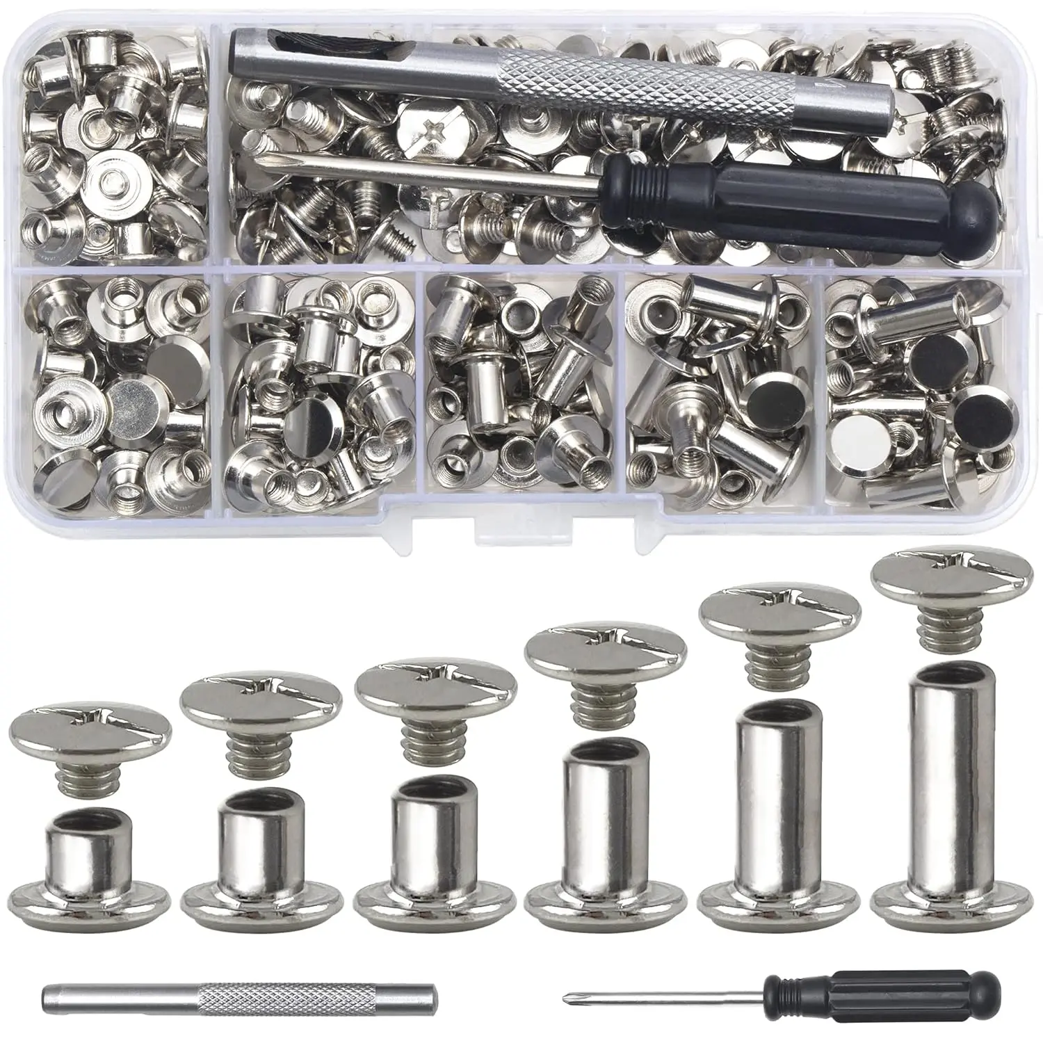 110Sets Chicago Screws Leather Rivets Assorted Screw Rivets Chicago Binding Screws for Decorate and Repair Leather Craft Belt Bag Shoes Purse Bookbinding (Silver, M5*4,5,6,8,10,12)