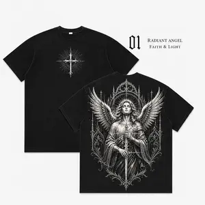 Unisex 100% Cotton Oversized T-Shirt | Holy Radiant Angel Cross Gothic Print, Christian Religious Streetwear Tee for Men & Women-ZB