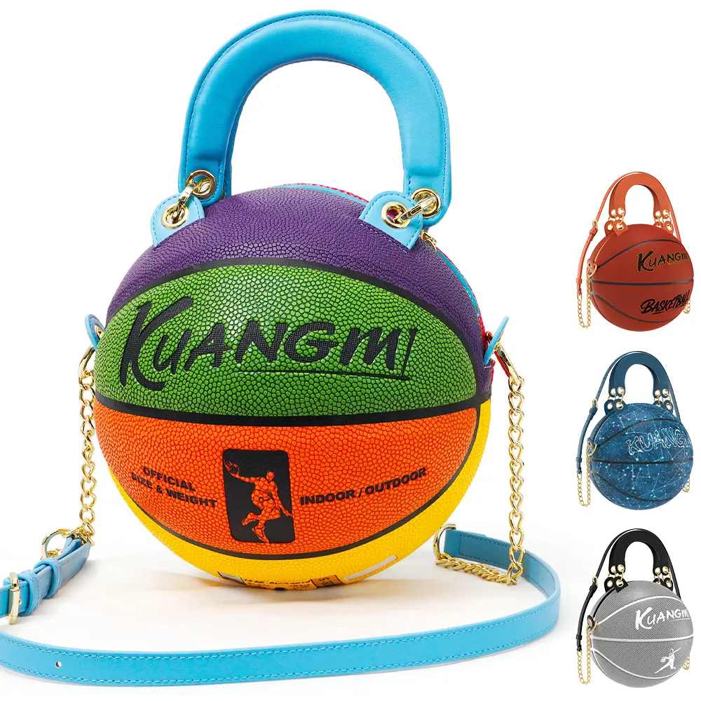 Kuangmi Women's Casual Graphic Basketball-Shaped Crossbody Bag, Everyday PU Leather Circle Purse and Fan Accessory with Adjustable Strap, Colorful, Crossbody Wear