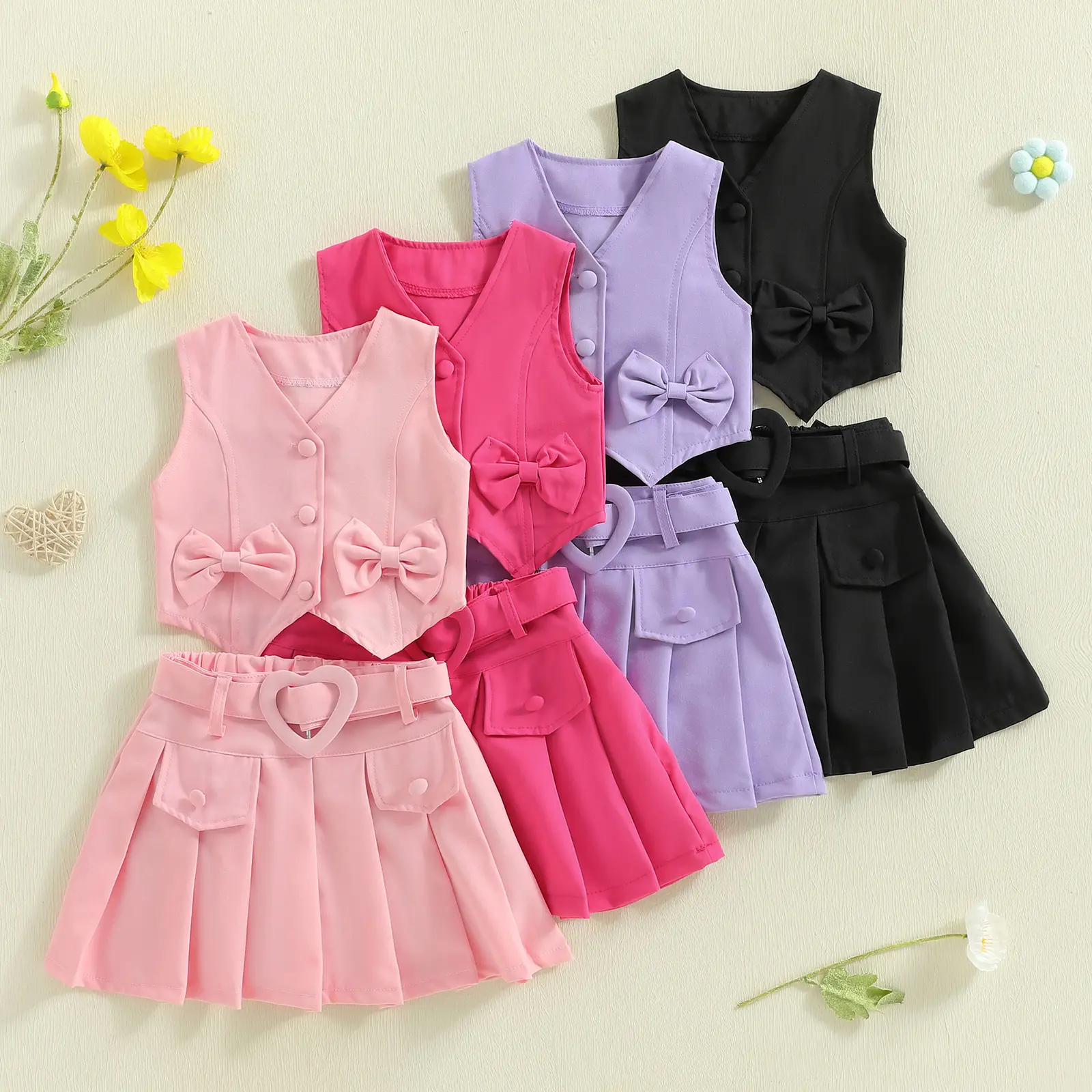Toddler Baby Little Girls Outfits Solid Bows Button Up Sleeveless Tops Mini Pleated Skirt and Belt Summer Set 1-6 Years