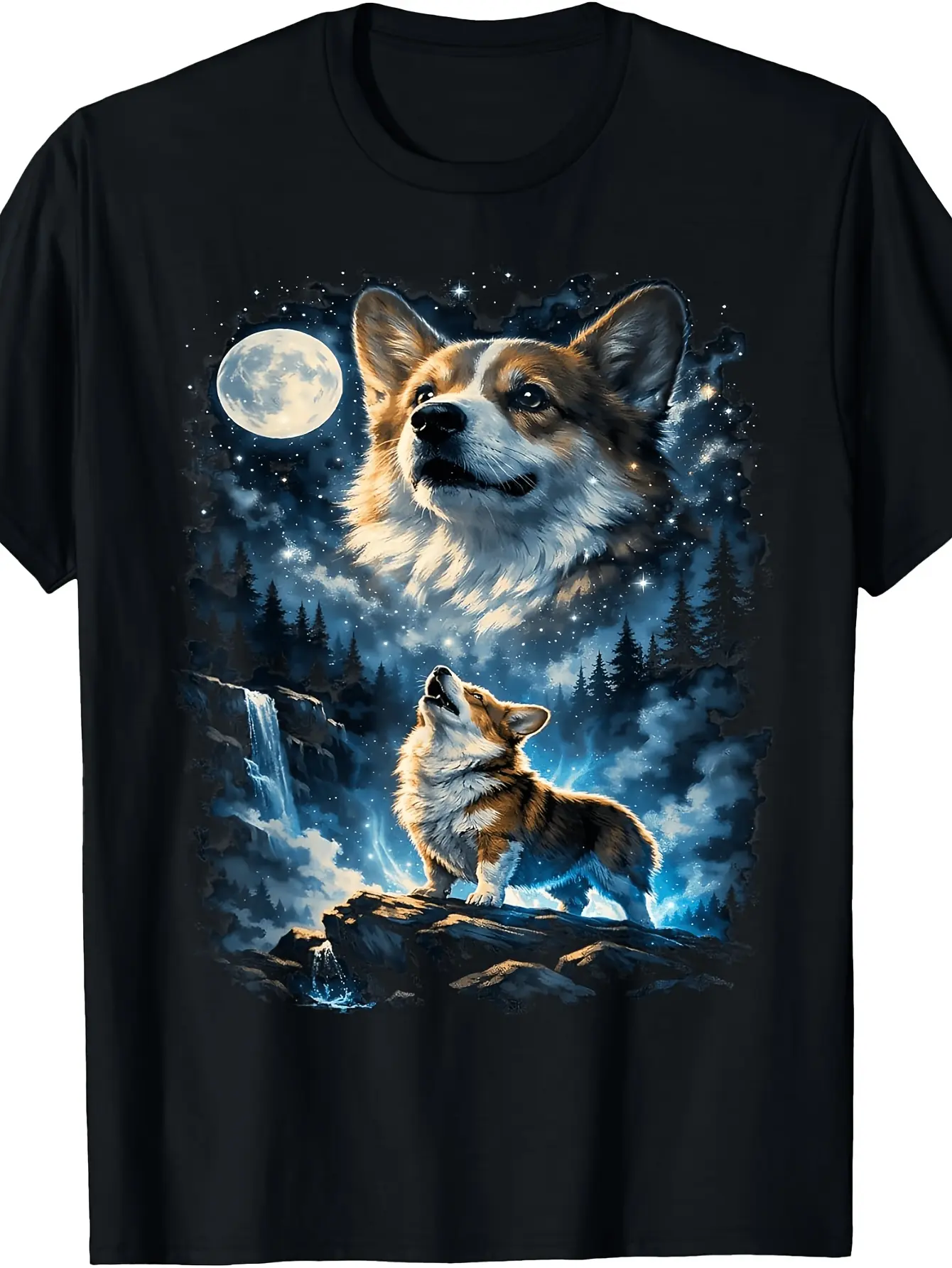 Women's Corgi Howling At Moon Vintage Crew Neck T-Shirt - Galaxy, Camo, Marble Prints - Thanksgiving, Easter Wear - All-Season Casual Top For Adults, Waffle Knit, Valentines Day, Digital Print, Casual Wear