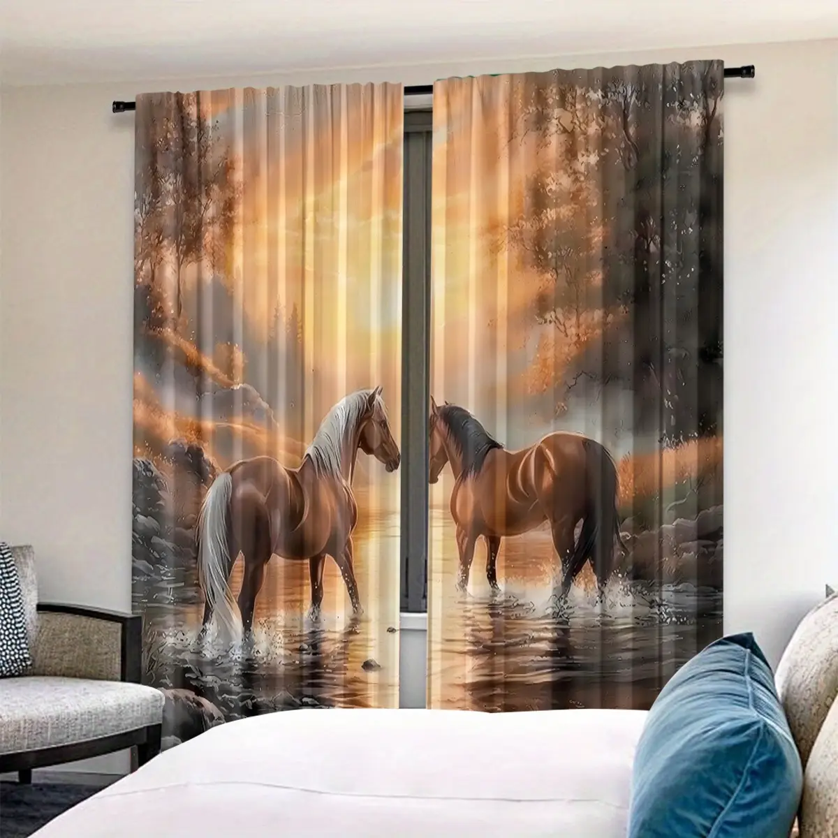 2pcs Horse Pattern High-Definition Digital Print Curtains, Window Curtain, Room Decor Curtain, Home Decoration Curtain, Polyester Material, Semi-Transparent Privacy Protection, Washable, Home Decor