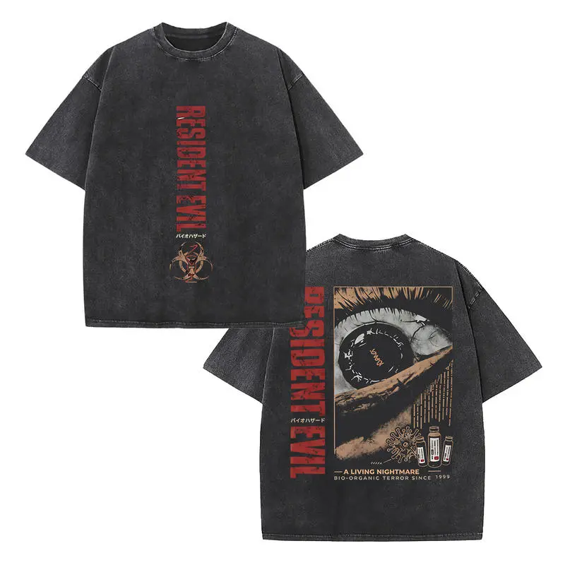 Black Washed Resident Evil A Living Nightmare Biohazard Eye and Virus Graphic T Shirt for Men Oversized Short Sleeve Crewneck Cotton Tee Casual Streetwear Top for Horror Game Fans and Everyday Wear
