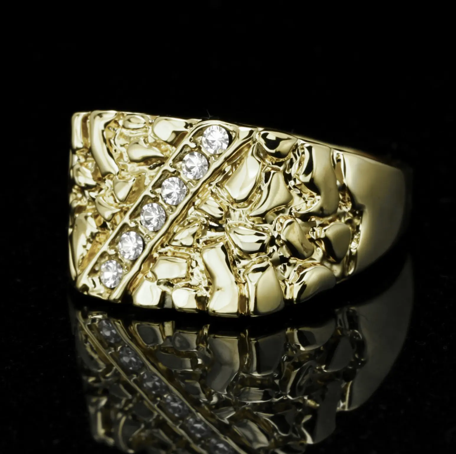 14K Gold Plated Iced Nugget Pinky Ring w/ CZ Hip Hop Sizes 5-13