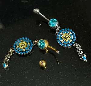 1 Piece Unique Aztec Turquoise Paved Circle with Feather Dangle Navel / Naval Belly Ring - 14g - 10mm