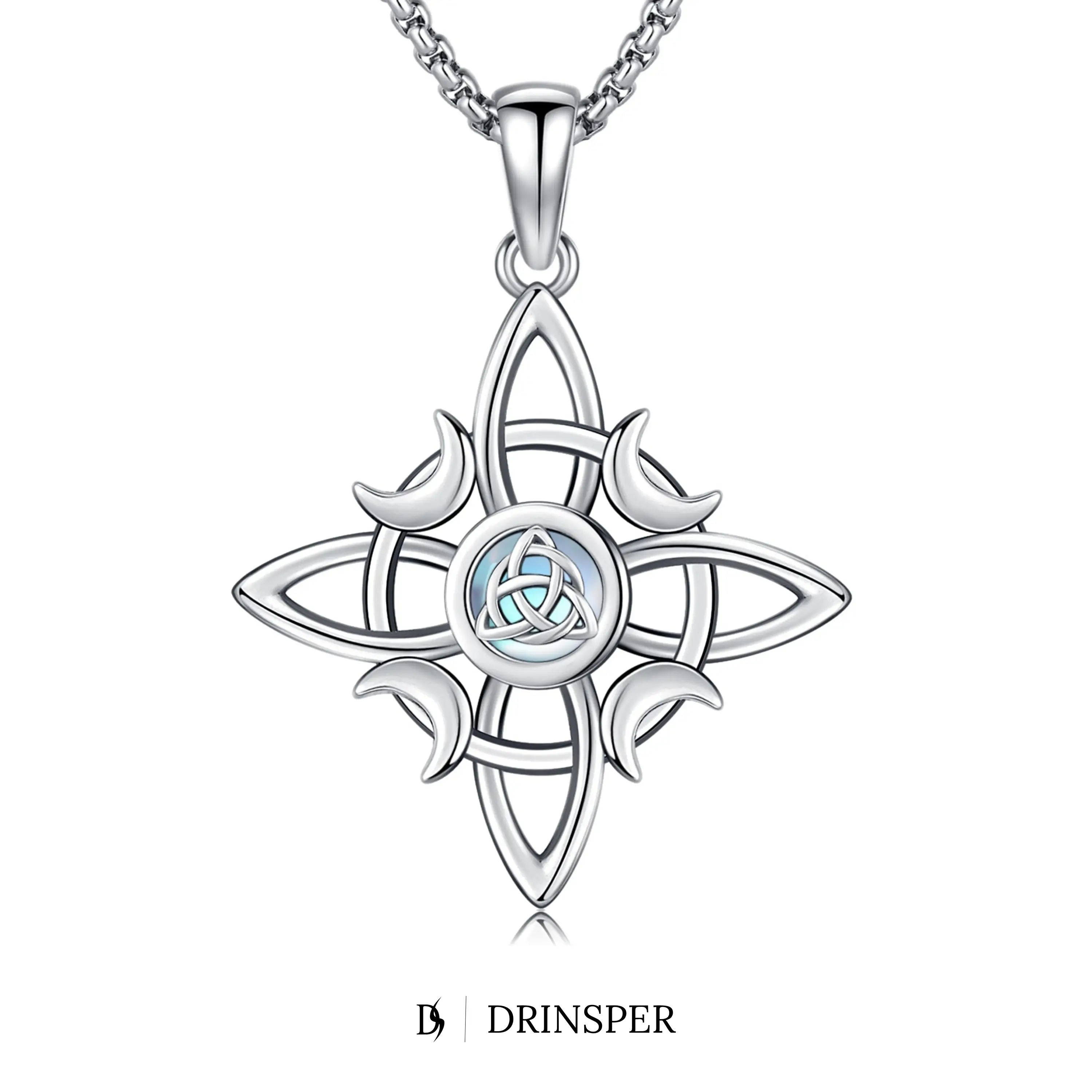 DRINSPER S925 Witch‘s Knot Necklace with Moonstone Celtic Knot 925 Sterling Silver Witches Knot Pendant Wicca Moon Irish Celtic Triple Moon Trinity Knot Design, Protection Mysticism Amulet Jewelry Accessories Gift for Girls Women TikTokShopBlackFriday