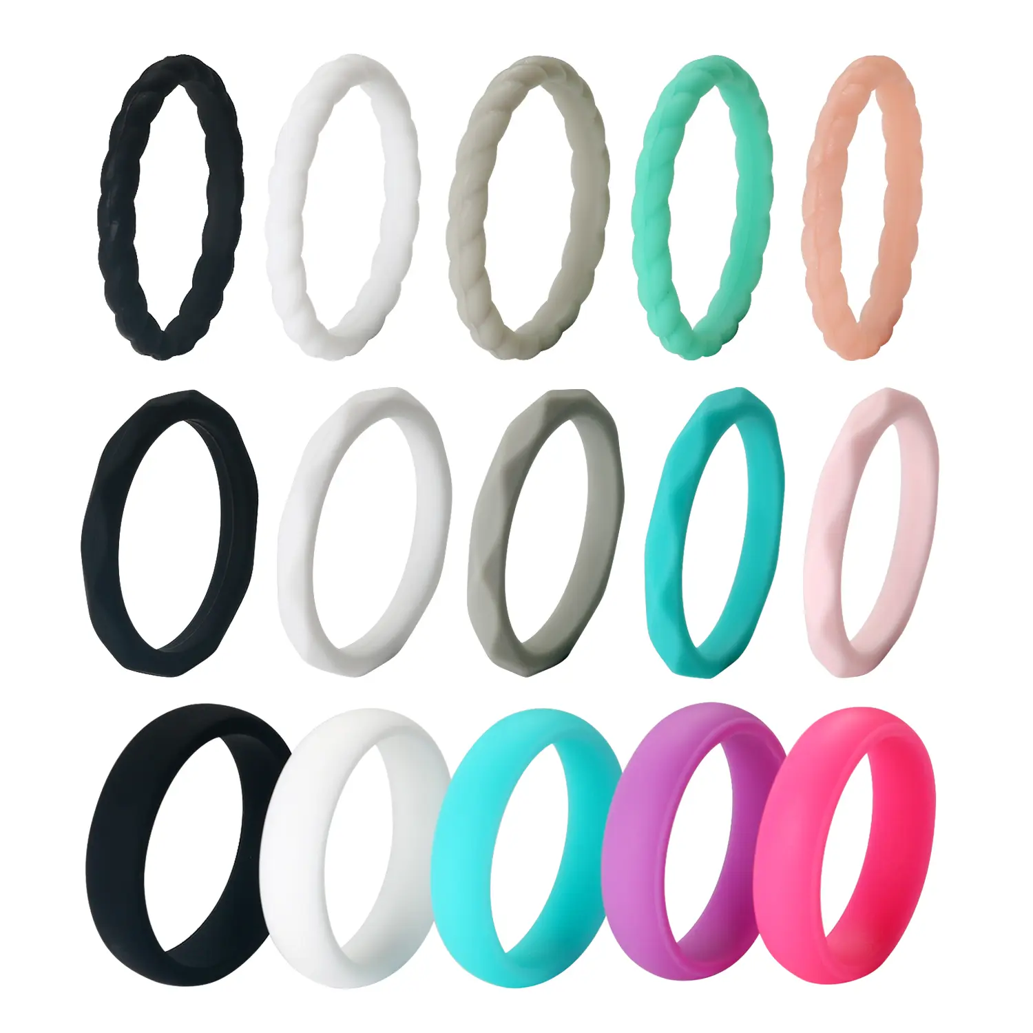 OIDEA Women's 15-Pack Stackable Silicon Rings Set - Stacked Design, 3 Styles to Mix, Curved/Braided/Diamond Accents, Flexible Rubber Stacking Wedding Bands