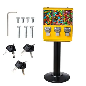 VEVOR Commercial Vending Machine, Triple Compartment Candy Dispenser with Iron Stand, Gumball and Candy Machine for Business, Coin Operated Gumball Bank for Toy Capsules Bouncy Balls Candy Nut, Yellow