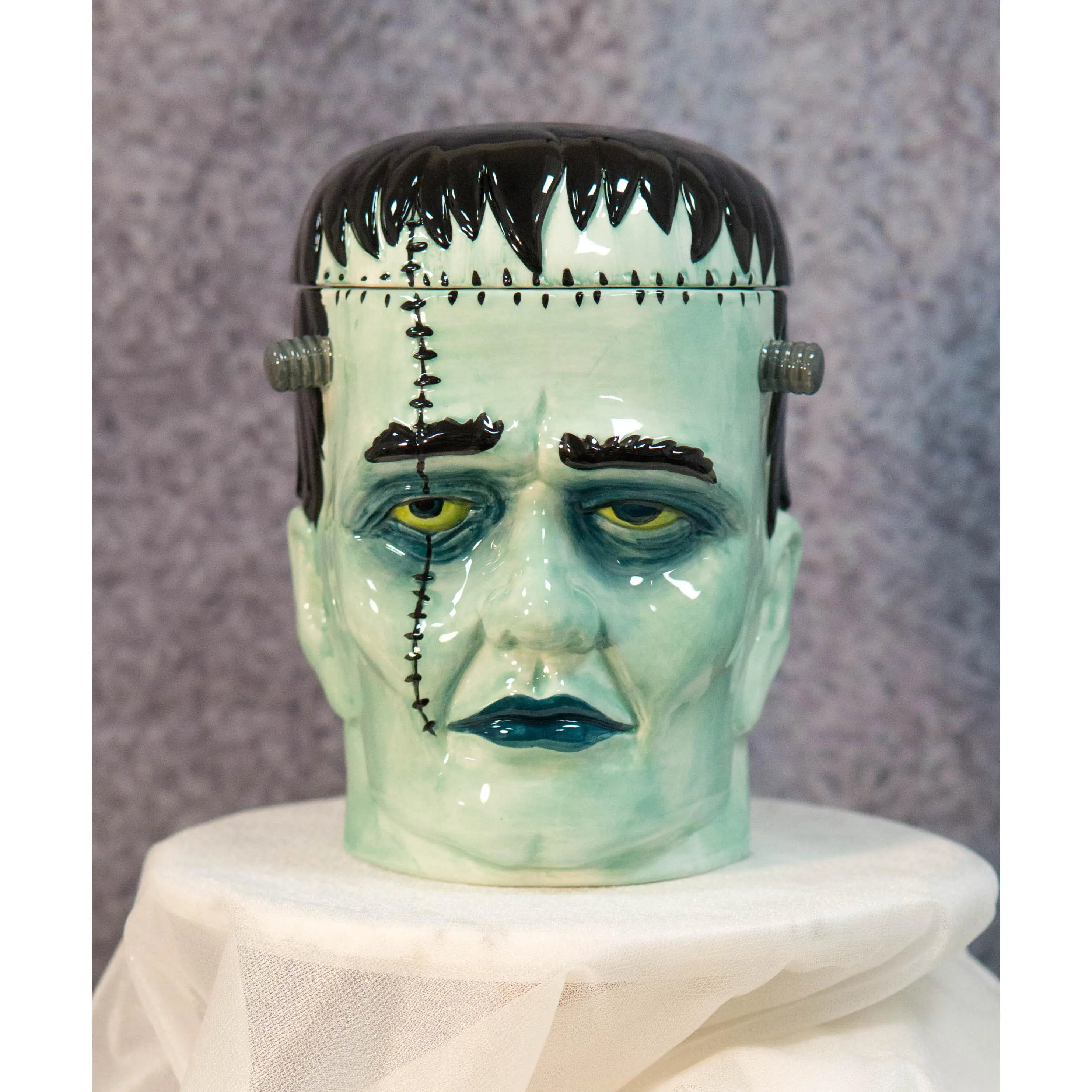 Ceramic Victor Frankenstein Skull Cookie Jar - Porcelain Canister with Silicone Seal, Funky Unique Home Decor, Halloween Kitchenware Statue Figurine