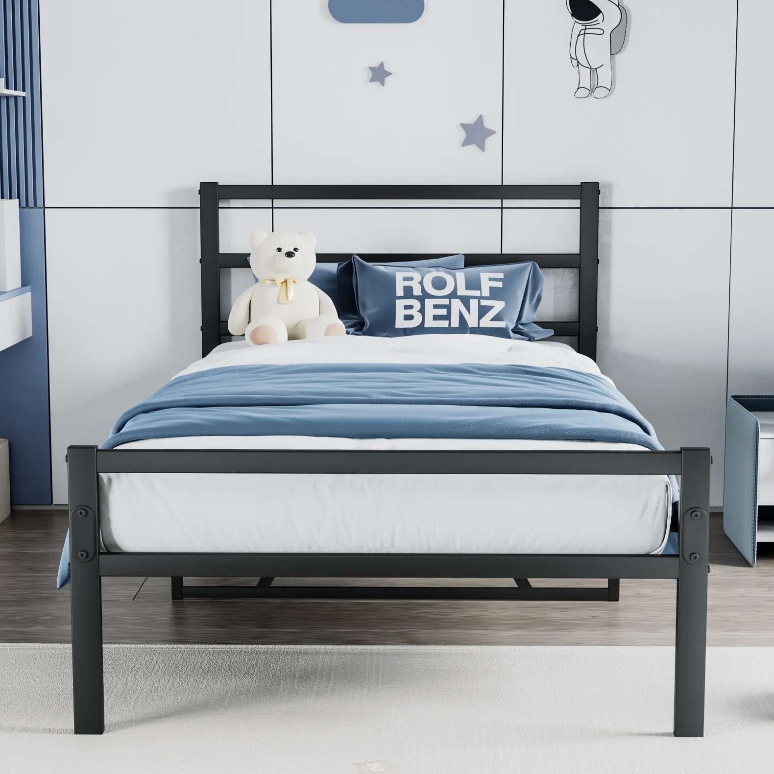 Modern Twin Size Metal Bed Frame with Headboard, Sturdy Indoor Furniture for Bedroom, No Box Spring Needed, Black, Modern Bed Frame