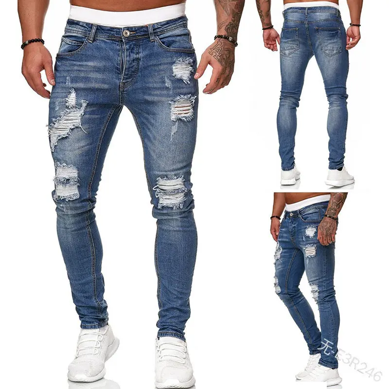 Men's Ripped Stretch Jeans Slim Fit Distressed Skinny Denim Pants Fashion Comfort Tapered Leg Streetwear Menswear