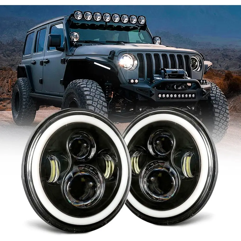7 Inch LED Headlights - 2pcs DOT Approved Hi/Lo Beam with White DRL, Amber Halo Turn Signal Angel Eyes, 3500lm, 2 x 7 Inch LED Headlights, 2pcs H4 to H13 Adapter for 2007-2017 Wrangler JK,JKU,LJ,TJ,CJ (Black)