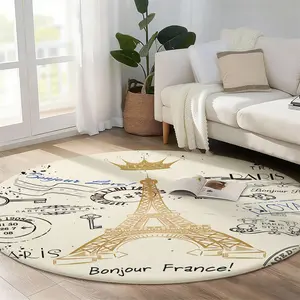 1pc Paris Eiffel Tower Pattern Round Rug for Entryway, LivingRoom, Dining Room, Bedroom, Balcony, Study, Machine Washable Round Large Area Rug, Soft Non-slip Floor Mat, Chic Rug for Home Decor