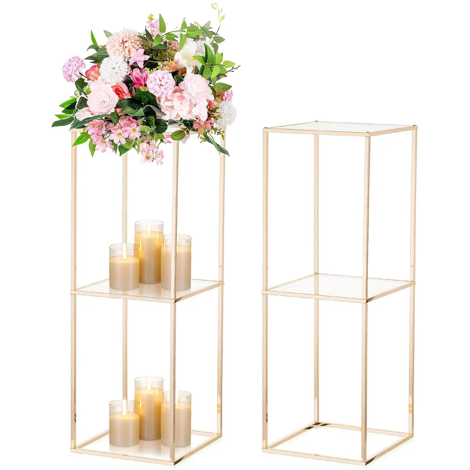 Luxury 2-Pack Metal Gold Double-Tier Acrylic Floral Stand Set - Square Geometric Pedestal for Weddings, Event Centerpieces, Home & Party Decor