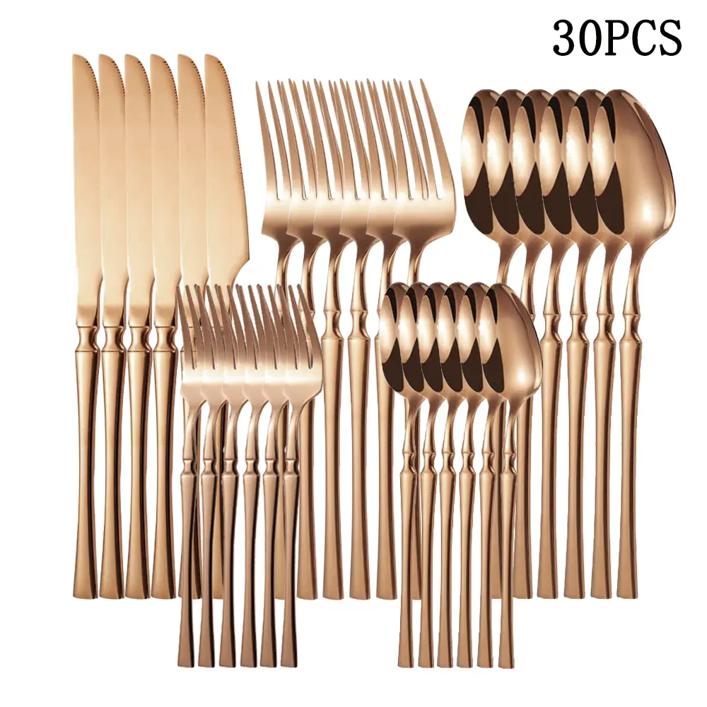 Rose Gold Cutlery Set, 30PCS Stainless Steel Slim Waist Knife Fork Spoon Set, Suitable for Family Dinners, Holiday Gatherings, Wedding Essentials