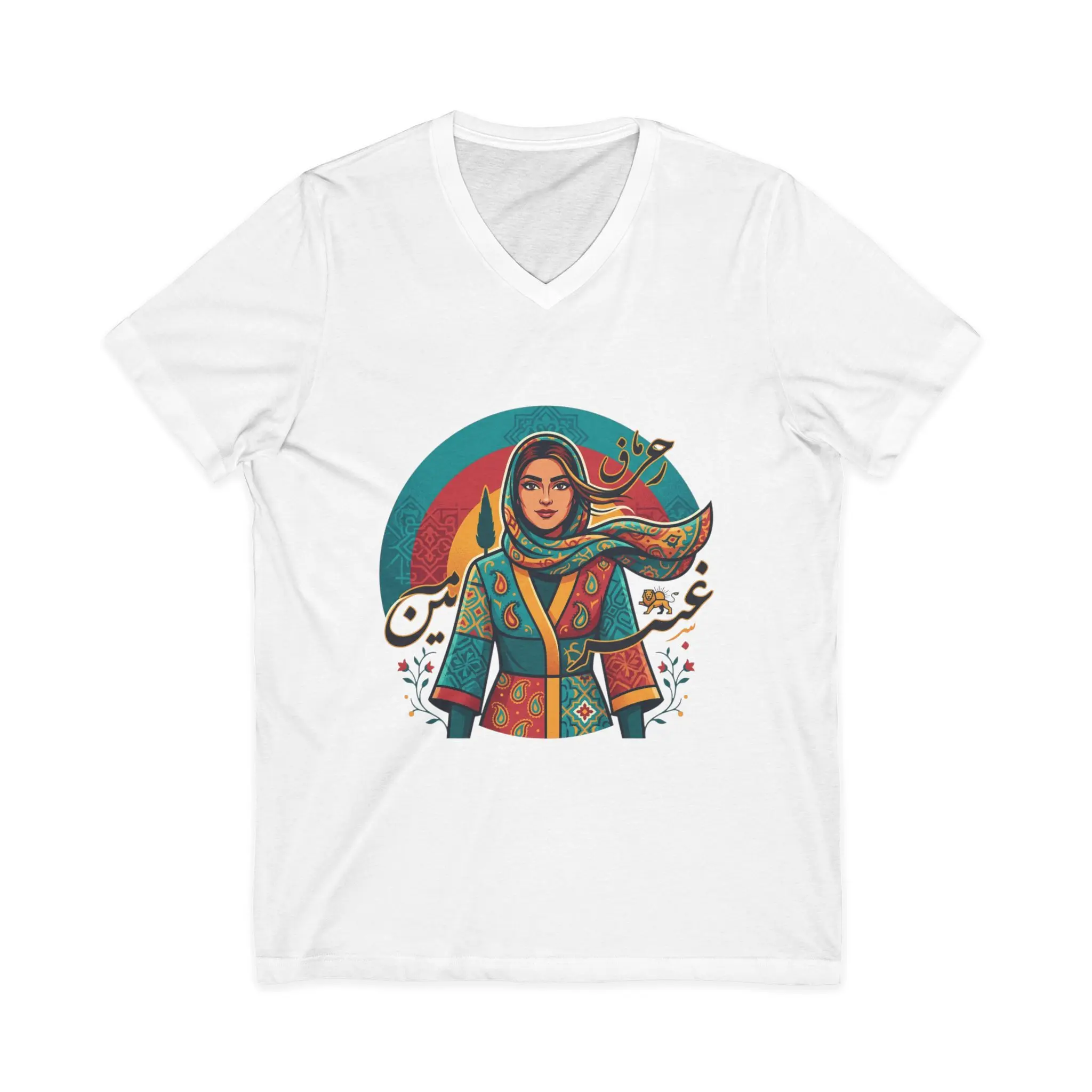 Persian Woman Illustration V-Neck Tee | Colorful Hijab Portrait, Farsi Script