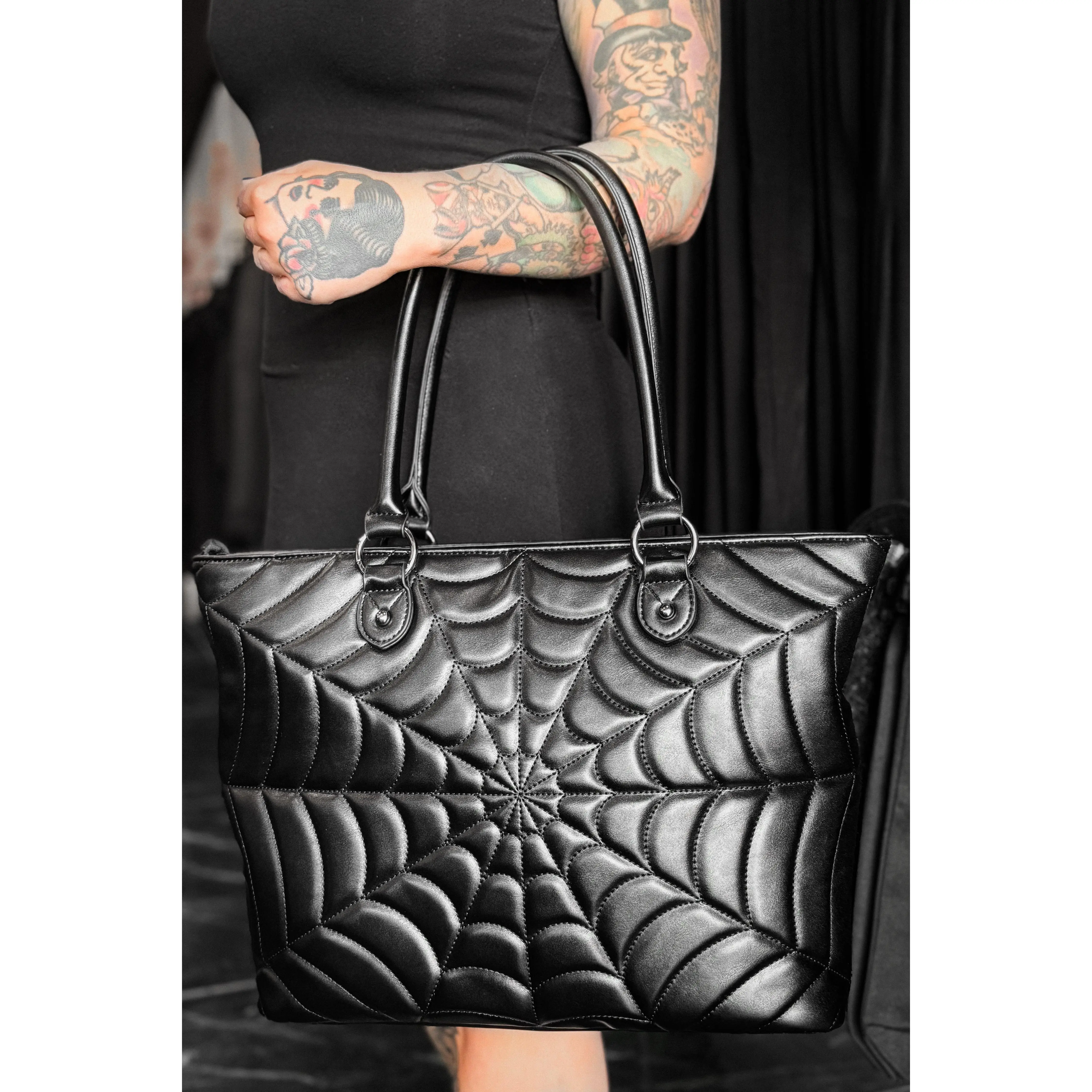 Gothic Spider Web Tote Bag, Women's Large Matte PU Leather Casual Trendy Bag for Daily Use with 3 Pockets, Daily Use Bag