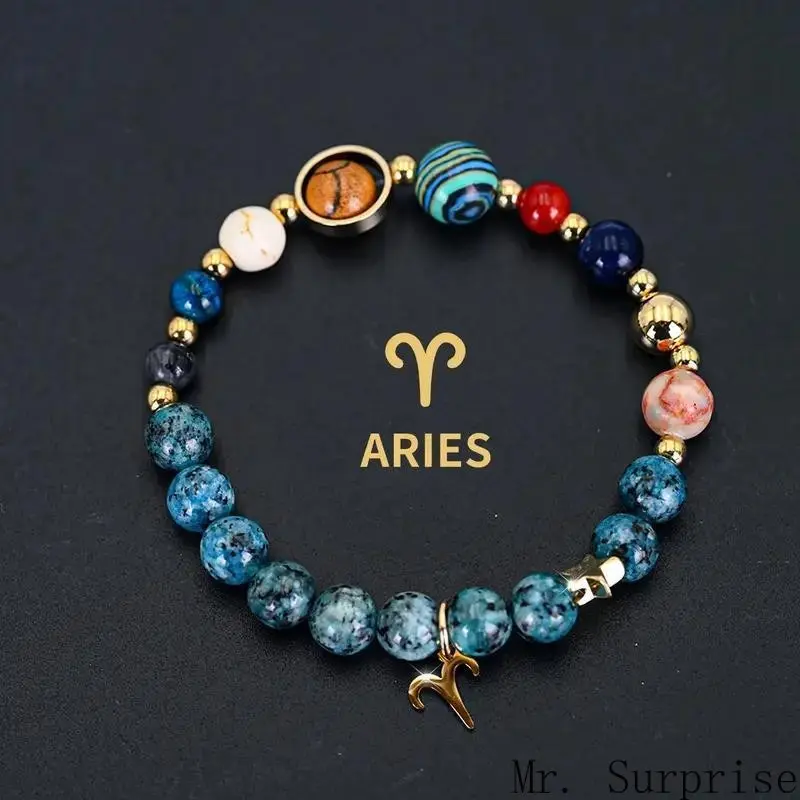 Natural Stone Eight Planets Twelve Constellations Bracelet Blue Black Spot Beaded Bracelet Fashion Zodiac Galaxy Solar System Handmade Beaded Wrist Jewelry Gift for Men Women Daily Decor