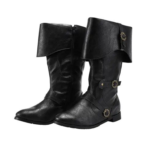 Men's Mid-Calf Vintage Gothic Punk Party Boots - Black Synthetic PU Leather Cuban Footwear, Plain Round Toe, Zipper, Buttons, Anti-Slip Rubber Sole, Quick Zip-On, Breathable All-Seasons Closed Shoes for Cosplay
