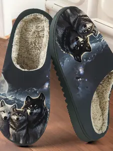 Star Wolf Pack Printed Cotton Slippers, Wild Atmosphere, Fuzzy Lined Anti-Slip Thick Sole, Home Use Men Women Fall Winter Warm Shoes, Casual Slipper Shoes, Rubber House Shoes, Non Slip